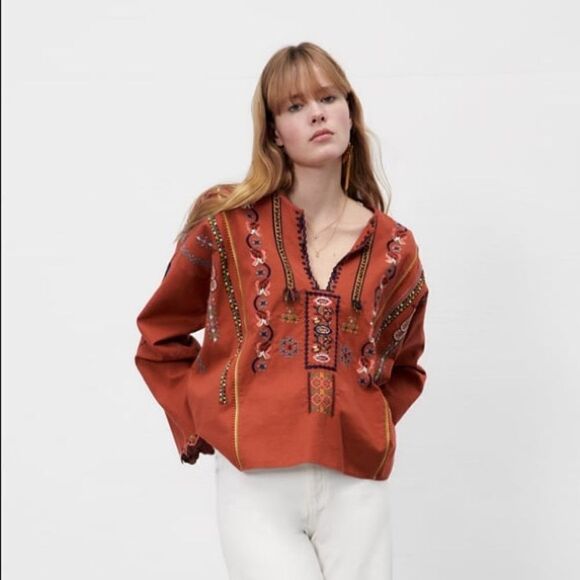 Zara Embroidered Linen Blend Shirt Top - Picture 3 of 10